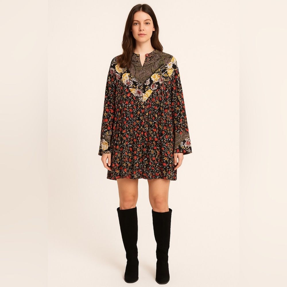 Free People Floral Boho Tunic Dress Black Multicolor Rayon Long Sleeve S/M